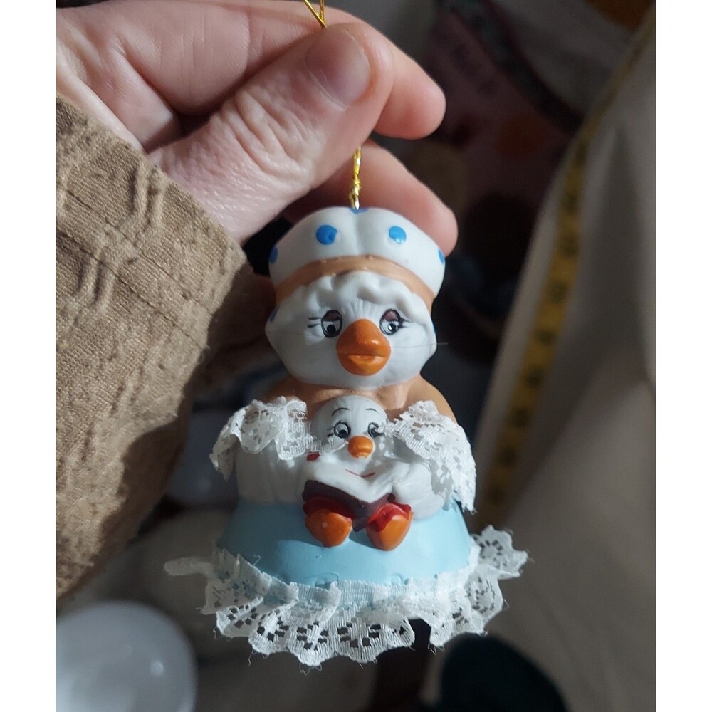 Ceramic Mother Hen and Chick Bell Ornament with Decorative Lace
